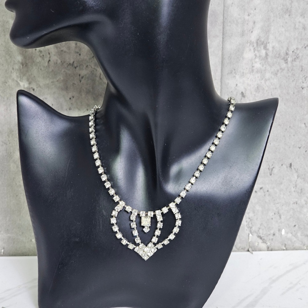Vintage 50s Silvertone Rhinestone Tiered Drop Choker Necklace Art Deco Style 15"